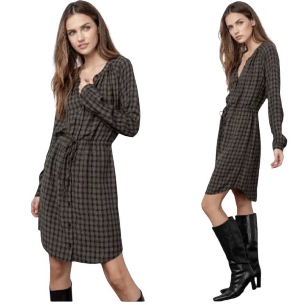 Rails Bella Black Olive Green Check Tie Waist Rayon Dress Size S